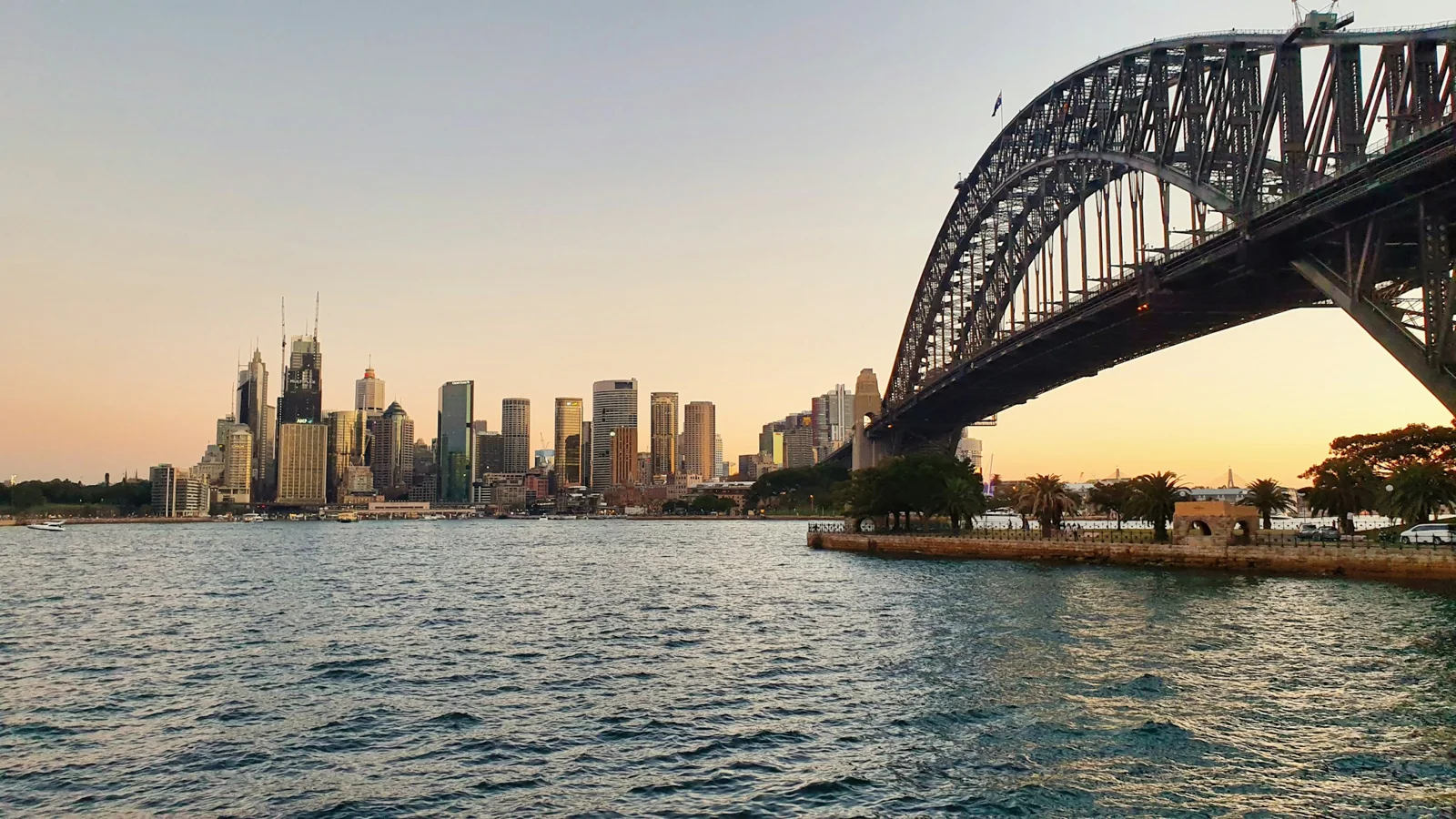 Sydney Harbour Bridge and city skyline at sunset